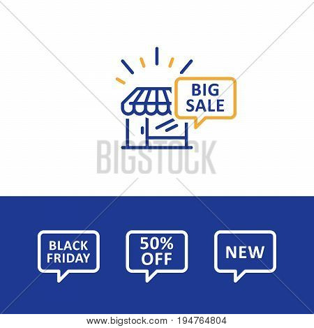 Shopping big sale, black Friday announcement, speech bubble, promotion, vector line icon