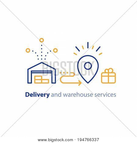 Wholesale warehouse distribution center concept, delivery chain solution and transportation services logo elements, shipping multiple order line icon, combined parcel outline vector