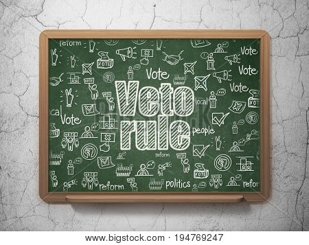 Politics concept: Chalk White text Veto Rule on School board background with  Hand Drawn Politics Icons, 3D Rendering