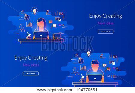 Young woman and man working with laptop at work desk. Gradient line vector illustration of student working process sitting at home. Educational background of young people learning and studying indoor