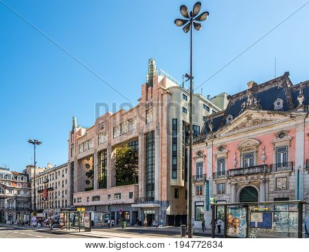 LISBON,PORTUGAL - MAY 17,2017 - Theater building near square of Restauradores in Lisbon. Lisbon is the capital of Portugal.