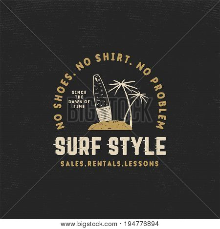 Surf style vintage label. Summer surfing style emblem with surfboard, tropical palms and typography elements. Use for t-shirts, clothing print, other brand identity. Stock vector isolated on black.
