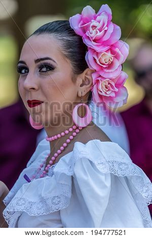 TIMISOARA ROMANIA - JULY 9 2017: Young dancer girl from Puerto Rico in traditional costume present at the international folk festival 