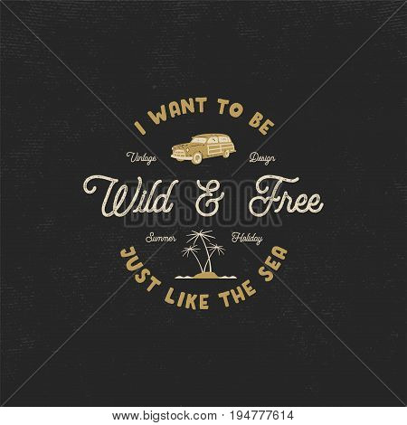 Summer label with retro surf car, palms and typography elements. Wilderness sign. Vintage beach style for t-shirts, emblems, mugs, apparel design, clothing and other identity. Stock vector.