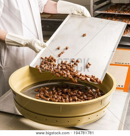 Artisanal production of caramel toffee sweets butterscotch candies. Woman with white lab coat blouse shaking separating removing the pieces of butterscotch candies traditional sweets of France