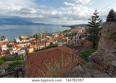 NAFPAKTOS, GREECE - MAY 28, 2015: Amazing Panoramic view of Nafpaktos town, Western Greece
