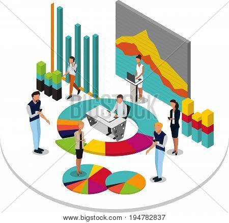 Data Analytics vector concept: isometric business people and data diagram. Business infographic. -stock vector