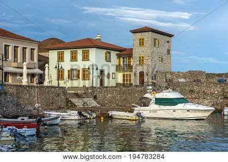 NAFPAKTOS, GREECE - MAY 28, 2015: Sunset panorama of Fortification at the port of Nafpaktos town, Western Greece