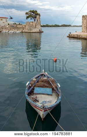 NAFPAKTOS, GREECE - MAY 28, 2015: Sunset panorama of Fortification at the port of Nafpaktos town, Western Greece