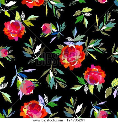 Seamless abstract floral pattern red on black background