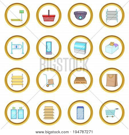 Supermarket icons circle gold in cartoon style isolate on white background vector illustration