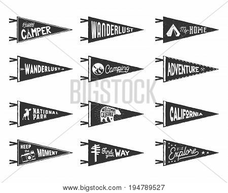Set of adventure, surfing, camping pennants. Retro monochrome labels. Vintage hand drawn wanderlust style. Isolated on white background.