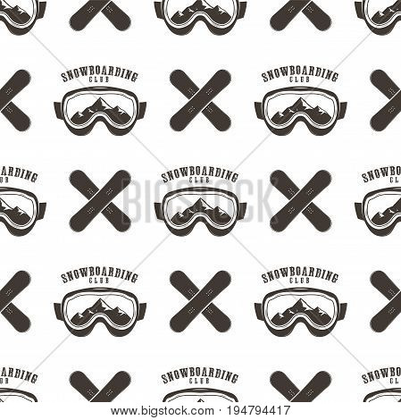 Snowboard seamless background. Winter ski pattern design with boards, snowboards mask and typography elements. Stock vector isolated on white. Monochrome style.