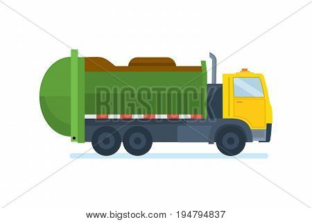 Garbage truck. Residential and commercial solid waste collection and transportation. Cleaning city. Household waste, service recycling. Vector illustration on white background.