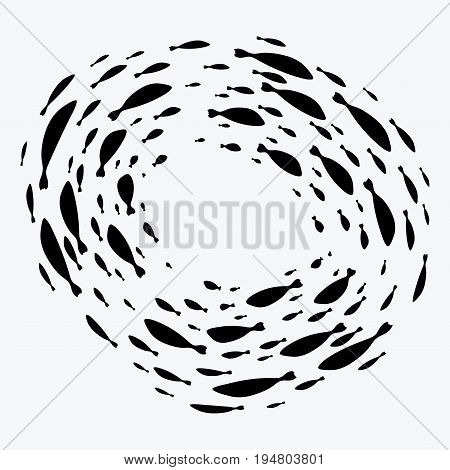 School of fish. A group of silhouette fish swim in a circle. Marine life.