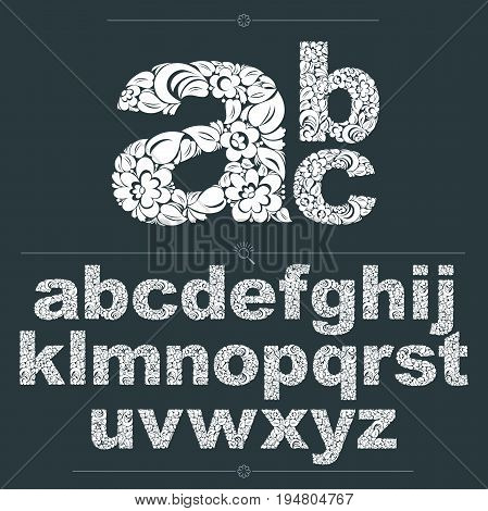 Set of vector ornate lowercase letters flower-patterned typescript. Black and white characters created using herbal texture.