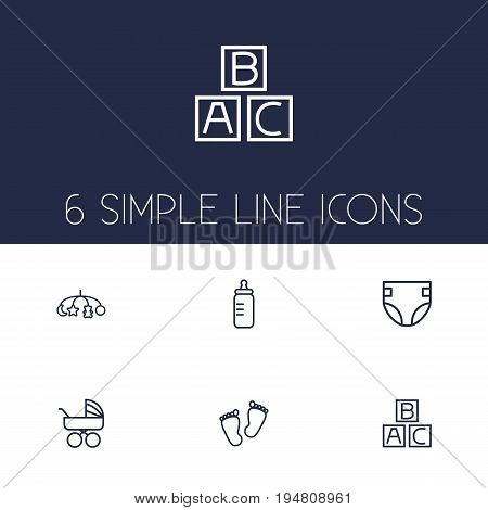 Set Of 6 Kid Outline Icons Set.Collection Of Diaper, Footprints, Carriage And Other Elements.