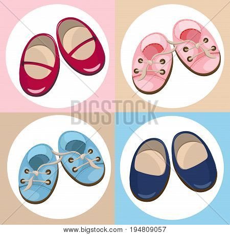 Kids shoes cute set collection Vector. Colorful summer shoewearings