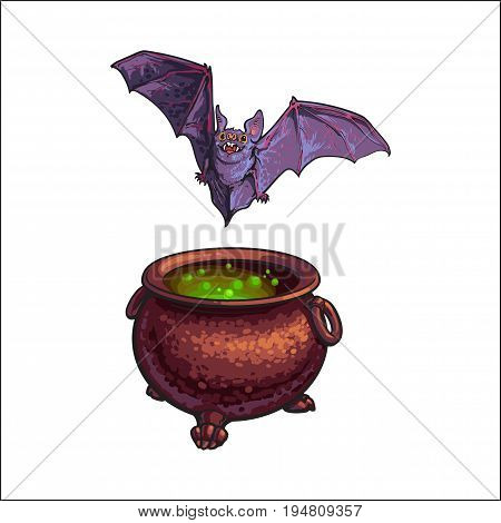 Hand drawn Halloween symbols - flying vampire bat and iron cauldron with boiling potion inside, sketch vector illustration isolated on white background. Sketch style Halloween caldron and flying bat