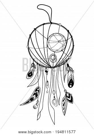 Vector illustration of a dream catcher with feathers. Indian totem with feathers. Hippie decoration. Linear Art. Tattoo.
