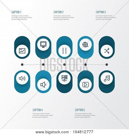 Music Outline Icons Set. Collection Of Datacenter, Chart, Randomize Elements. Also Includes Symbols Such As Screen, Monitor, Reel.