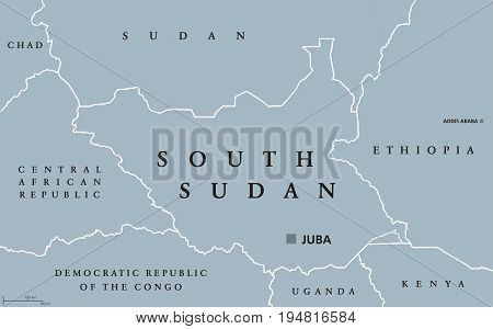 South Sudan political map with capital Juba and national borders. Republic and landlocked Arab country in Northern Africa. Gray illustration isolated on white background. English labeling. Vector.