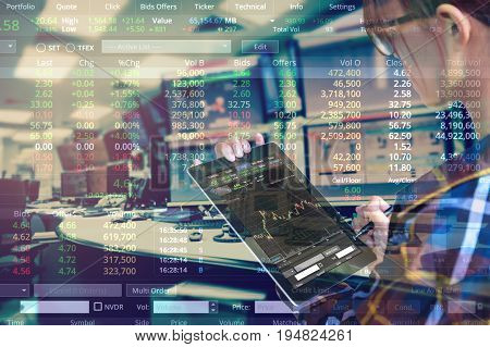 Double exposure of business woman with glasses in hipster shirts holding tablet for check stock market graph with stock and computer graph background Business Trading concept.
