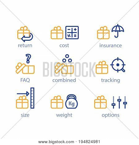 Delivery services, shipping parcel, shipment options, vector line icon set