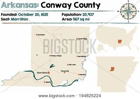 Large and detailed map of Conway County in Arkansas