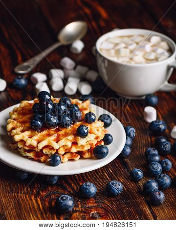 Waffles with Fresh Blueberry and Honey on Plate, Cup of Cocoa with Marshmallow.Vertical Orientation.