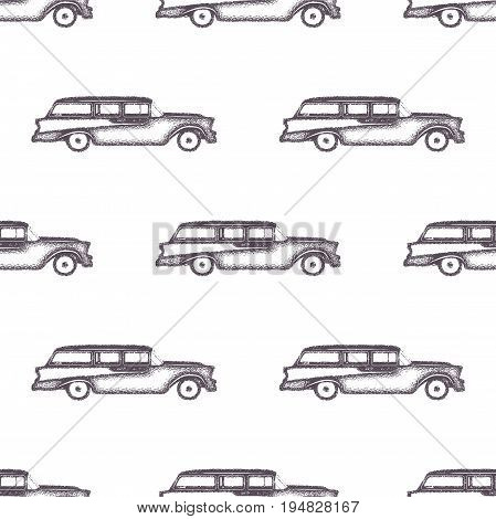 Surfing old style car pattern design. Summer seamless wallpaper with surfer van. Monochrome combi car design. Vector illustration. Use for fabric printing, web projects, t-shirts or tee designs