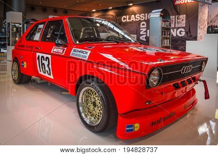 STUTTGART GERMANY - MARCH 17 2016: Supermini economy car Audi 50 1975. Europe's greatest classic car exhibition 