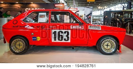 STUTTGART GERMANY - MARCH 17 2016: Supermini economy car Audi 50 1975. Europe's greatest classic car exhibition 