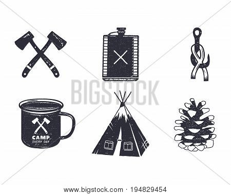 Vintage hand drawn adventure hiking, camping shapes. Retro monochrome design. can be used for t shirts, prints, logotype, badges, icons and other identity. Stock vector illustration.