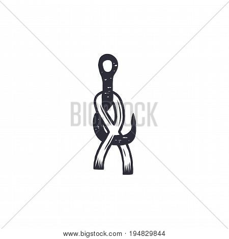 Vintage hand drawn fishing hook and hitch shape. Outdoor activity icon. Camping pictogram. Retro monochrome style. Can be used for t shirts, prints, logotype, badges and other identity. Stock vector.