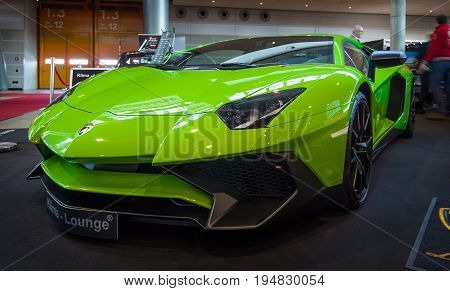 STUTTGART GERMANY - MARCH 17 2016: Mid-engined sports car Lamborghini Aventador LP 750-4 SuperVeloce 2016. Europe's greatest classic car exhibition 