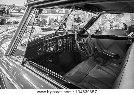 STUTTGART GERMANY - MARCH 17 2016: Cabin of luxury car Hotchkiss Anjou 2050 Cabriolet by Worblaufen 1950. Black and white. Europe's greatest classic car exhibition 