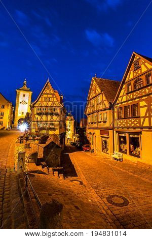 Rothenburg ob der Tauber historic town downtown at night, Franconia, Bavaria, Germany