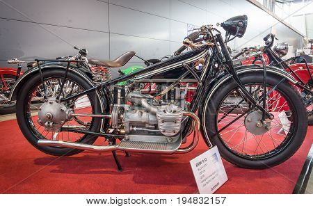 STUTTGART GERMANY - MARCH 17 2016: Motorcycle BMW R42 1927. Europe's greatest classic car exhibition 