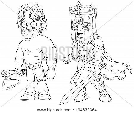 Cartoon medieval warrior knight with axe and sword black and white character vector set for coloring