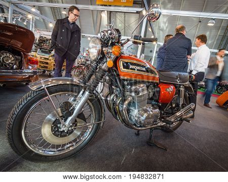 STUTTGART GERMANY - MARCH 17 2016: Motorcycle Honda CB750 Four K7 1976. Europe's greatest classic car exhibition 