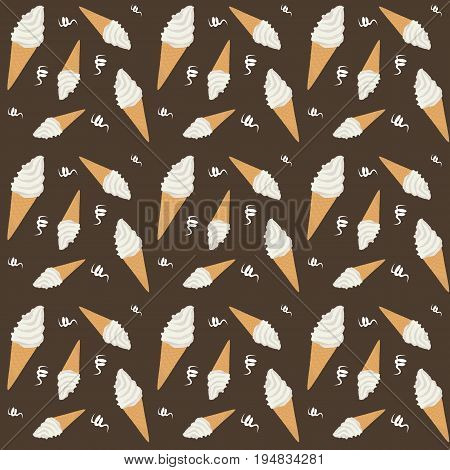 Seamless pattern of white ice cream on brown background. Vector