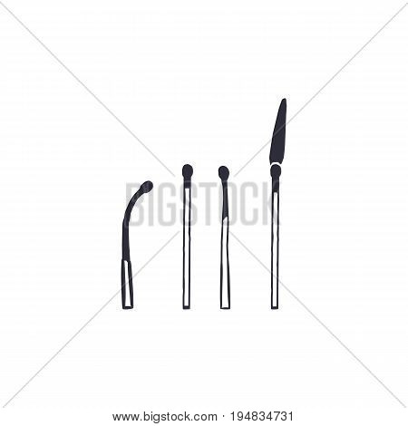 Vintage hand drawn different matches shapes in monochrome. Adventure icon, pictogram. Camping hipster survival style. Stock vector isolated on white background.