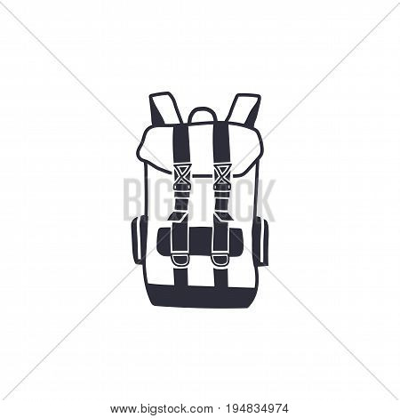 Vintage hand drawn backpack shape in monochrome engrave line style. Adventure icon, pictogram. Camping hipster survival style. Stock vector isolated on white background.
