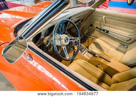 STUTTGART GERMANY - MARCH 17 2016: Cabin of sports car Chevrolet Corvette Stingray Coupe (C3) 1975. Europe's greatest classic car exhibition 