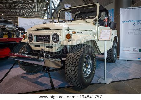 STUTTGART GERMANY - MARCH 18 2016: Compact SUV Toyota Land Cruiser J40 1977. Europe's greatest classic car exhibition 