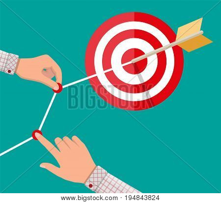 Hand of businessman pointing to the arrow from target. Goal setting. Smart goal. Business target concept. Achievement and success. Vector illustration in flat style