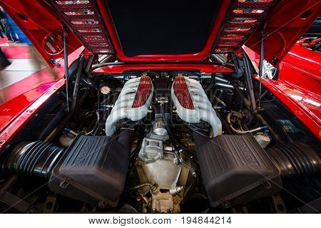 STUTTGART GERMANY - MARCH 18 2016: Engine of sports car Ferrari F512 M Testarossa 1995. Europe's greatest classic car exhibition 