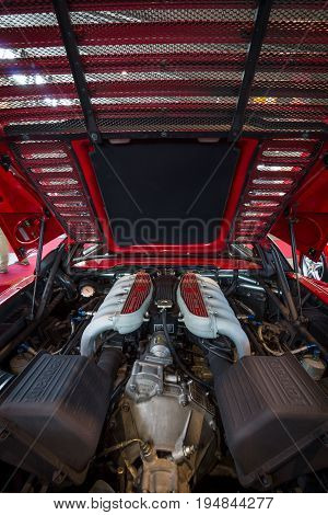 STUTTGART GERMANY - MARCH 18 2016: Engine of sports car Ferrari F512 M Testarossa 1995. Europe's greatest classic car exhibition 
