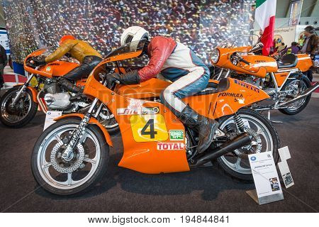 STUTTGART GERMANY - MARCH 18 2016: Sport motorcycle Laverda 500 Formula 1979. Europe's greatest classic car exhibition 